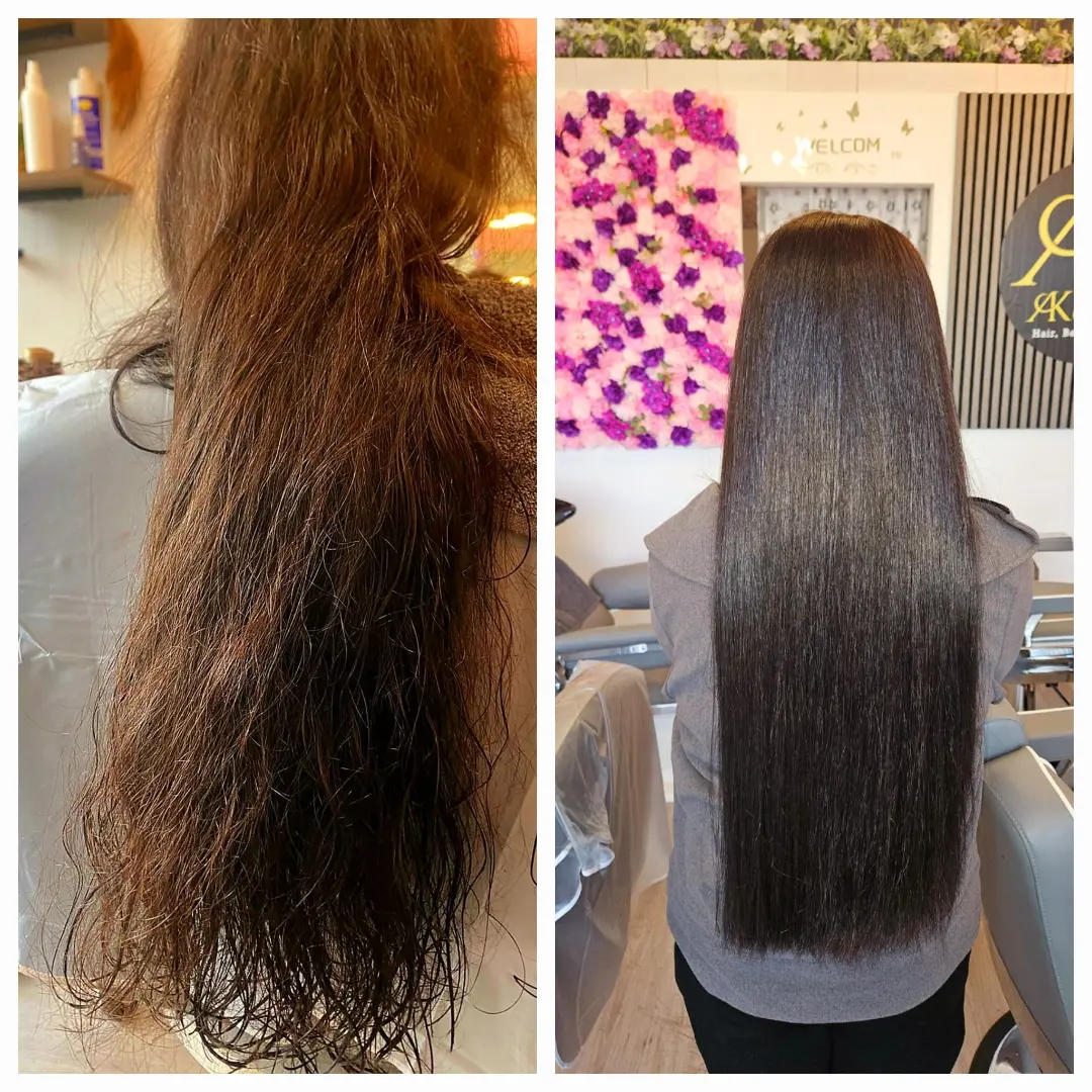 Before-and-after hair straightening transformation at Akestatica